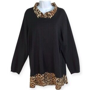 Adrianna Papell NEW  Tunic Sweater Twofer Women's 2X Black Sweater Leapard Print